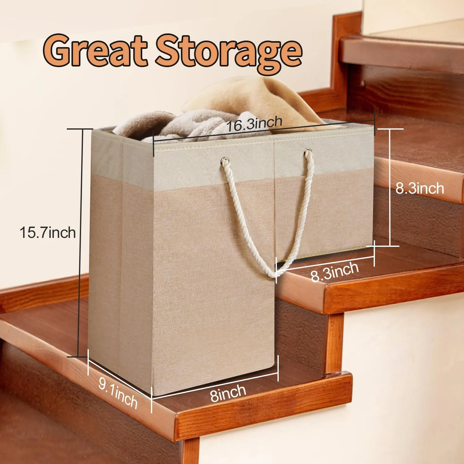 Stair Basket for Stairs with Handle, Staircase Baskets for Carpeted and Wooden Stairs,16" Step Storage Basket for Toys, Clothes, Books, Tools, with Hard Board, Anti-slip (Beige, 1 pack)