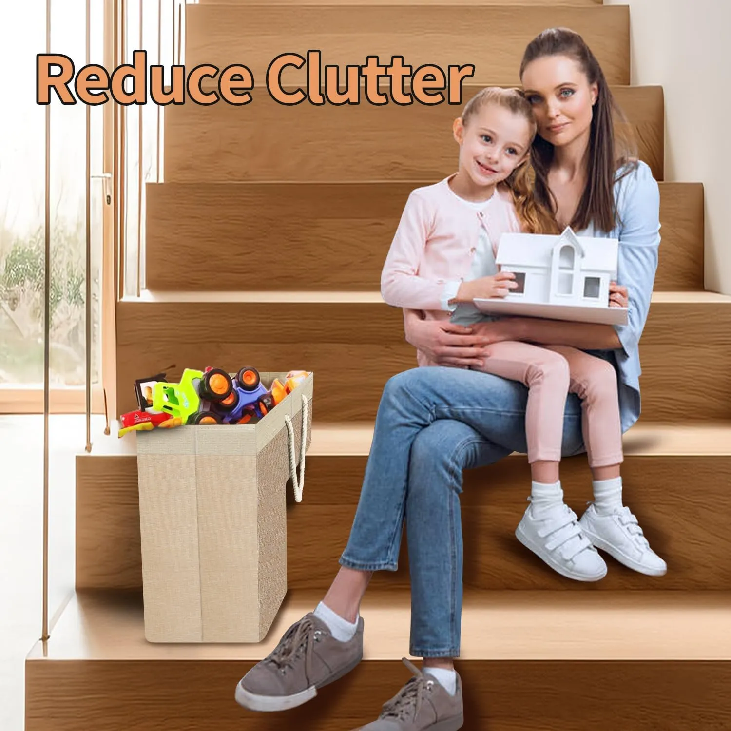 Stair Basket for Stairs with Handle, Staircase Baskets for Carpeted and Wooden Stairs,16" Step Storage Basket for Toys, Clothes, Books, Tools, with Hard Board, Anti-slip (Beige, 1 pack)