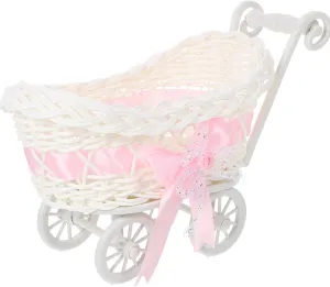STOBOK Wicker Stroller Decoration Rattan Baby Carriage Baby Doll Stroller Woven Flower Basket Baby Shower Centerpiece Stroller for Baby Shower Party Favors Pink