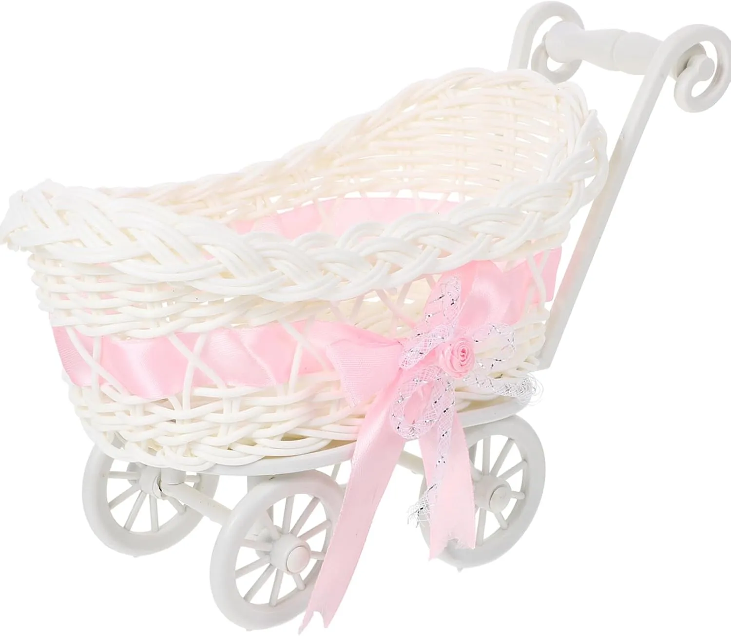STOBOK Wicker Stroller Decoration Rattan Baby Carriage Baby Doll Stroller Woven Flower Basket Baby Shower Centerpiece Stroller for Baby Shower Party Favors Pink