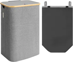 StorageWorks 100L Large Laundry Hamper with Lid, Tall Laundry Basket with Bamboo Handles and Removable Inner Bag, Collapsible Laundry Hamper for Clothing, Towels, Dark Grey, 1-Pack