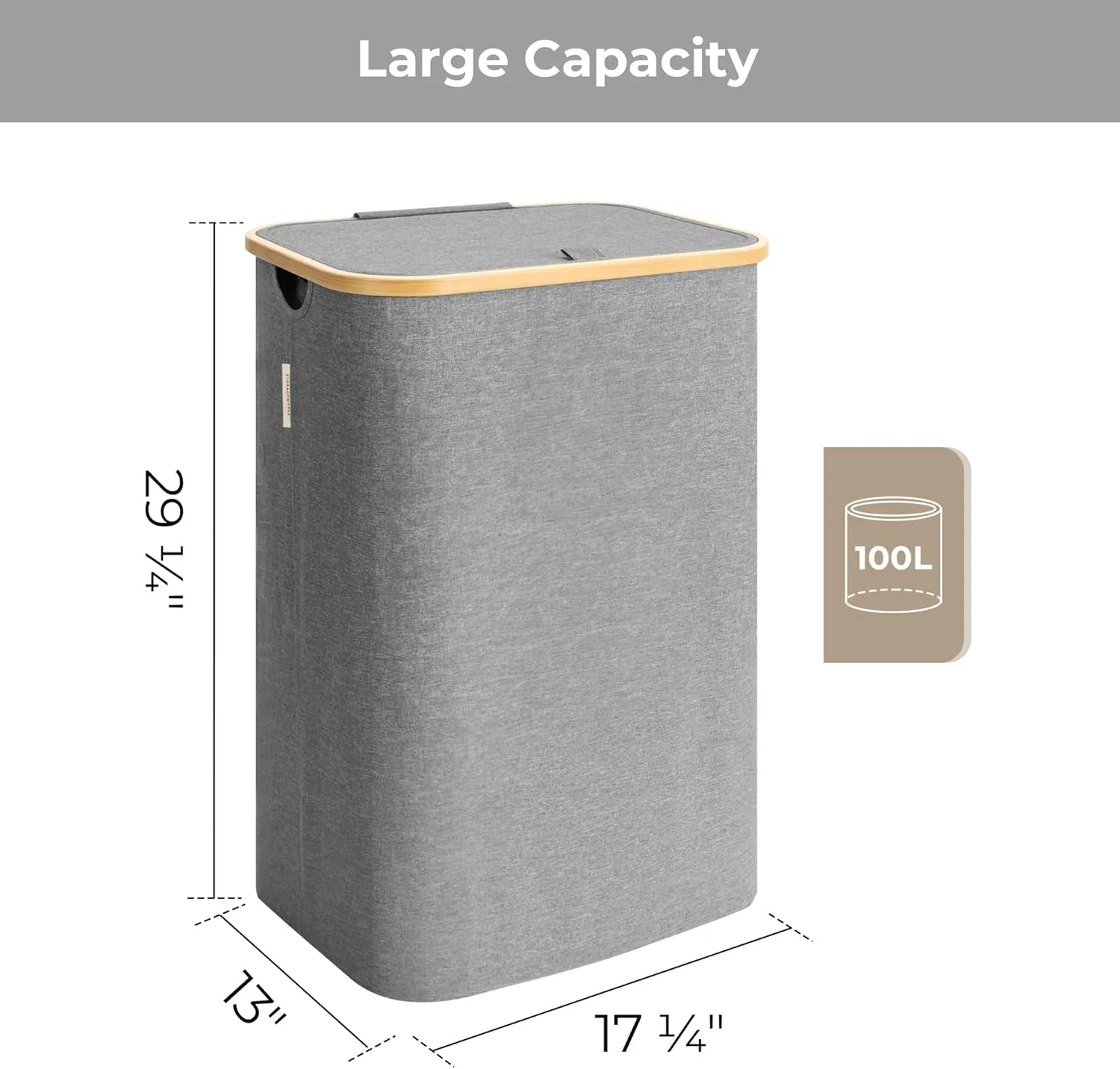 StorageWorks 100L Large Laundry Hamper with Lid, Tall Laundry Basket with Bamboo Handles and Removable Inner Bag, Collapsible Laundry Hamper for Clothing, Towels, Dark Grey, 1-Pack
