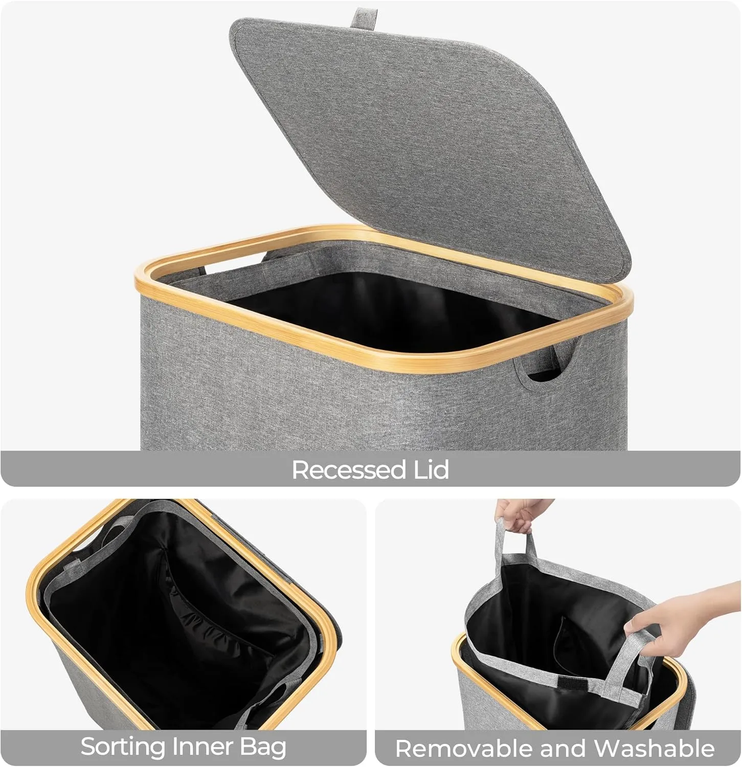 StorageWorks 100L Large Laundry Hamper with Lid, Tall Laundry Basket with Bamboo Handles and Removable Inner Bag, Collapsible Laundry Hamper for Clothing, Towels, Dark Grey, 1-Pack