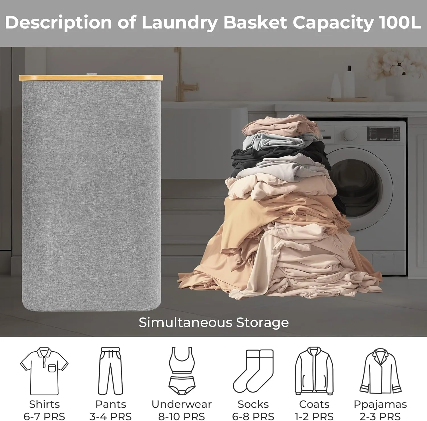 StorageWorks 100L Large Laundry Hamper with Lid, Tall Laundry Basket with Bamboo Handles and Removable Inner Bag, Collapsible Laundry Hamper for Clothing, Towels, Dark Grey, 1-Pack