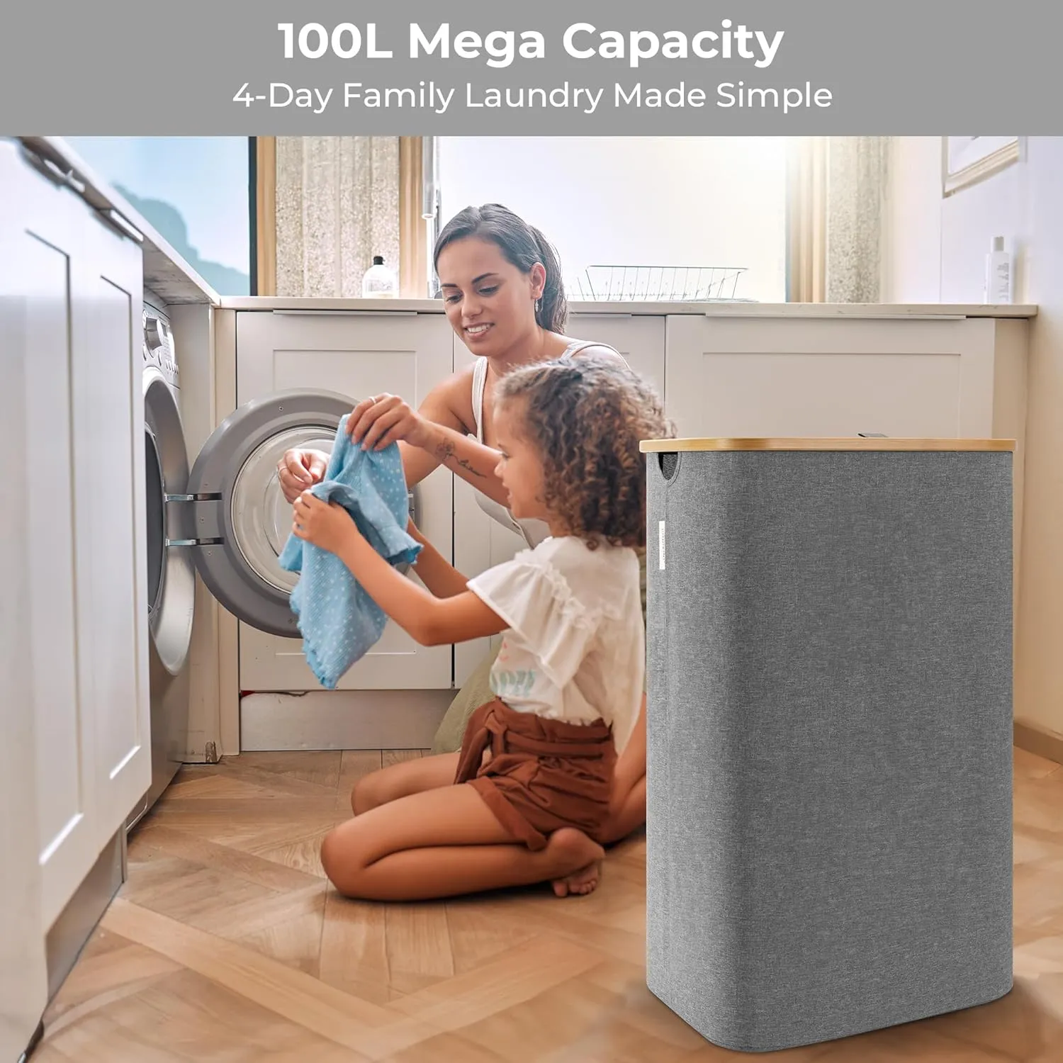 StorageWorks 100L Large Laundry Hamper with Lid, Tall Laundry Basket with Bamboo Handles and Removable Inner Bag, Collapsible Laundry Hamper for Clothing, Towels, Dark Grey, 1-Pack
