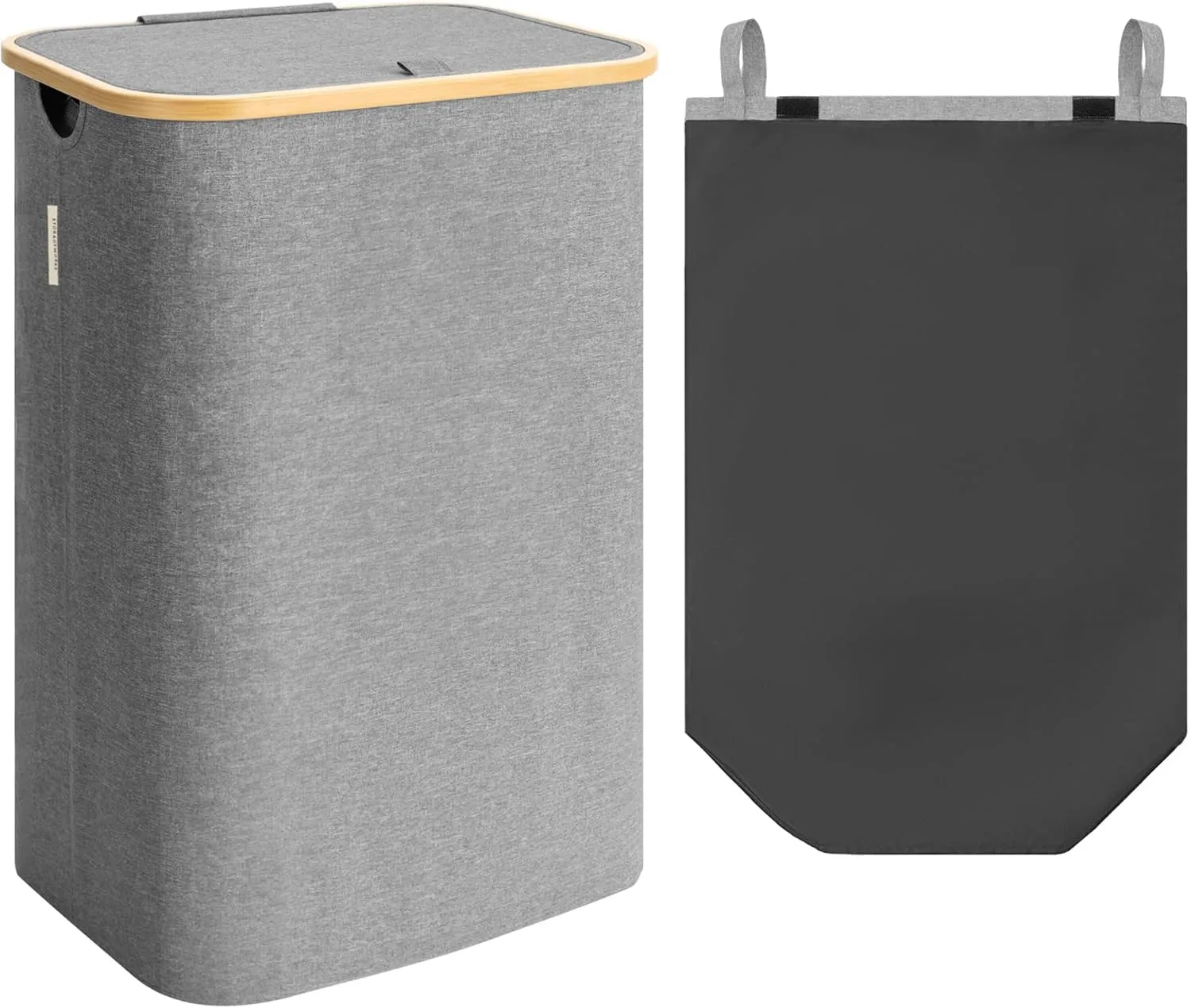 StorageWorks 100L Large Laundry Hamper with Lid, Tall Laundry Basket with Bamboo Handles and Removable Inner Bag, Collapsible Laundry Hamper for Clothing, Towels, Dark Grey, 1-Pack