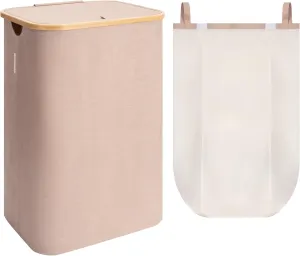 StorageWorks 100L Large Laundry Hamper with Lid, Tall Laundry Basket with Bamboo Handles and Removable Inner Bag, Collapsible Laundry Hamper for Clothing, Towels, Reddish Brown, 1-Pack