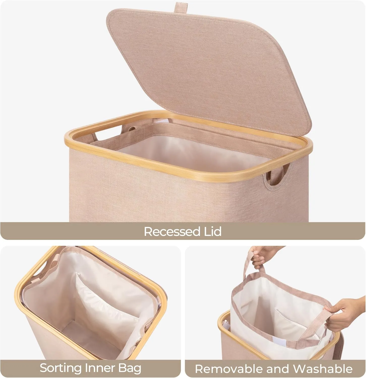 StorageWorks 100L Large Laundry Hamper with Lid, Tall Laundry Basket with Bamboo Handles and Removable Inner Bag, Collapsible Laundry Hamper for Clothing, Towels, Reddish Brown, 1-Pack