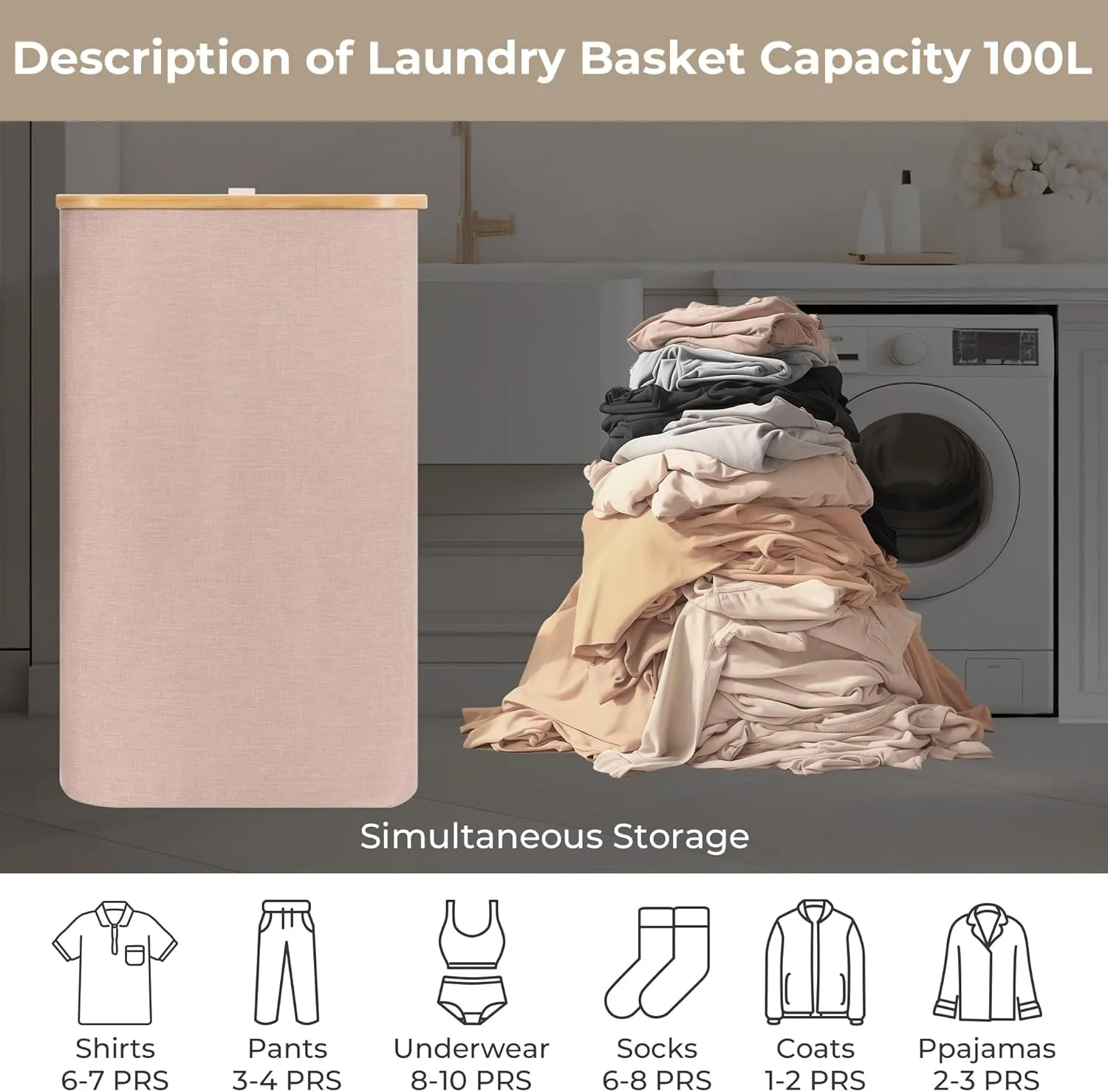 StorageWorks 100L Large Laundry Hamper with Lid, Tall Laundry Basket with Bamboo Handles and Removable Inner Bag, Collapsible Laundry Hamper for Clothing, Towels, Reddish Brown, 1-Pack