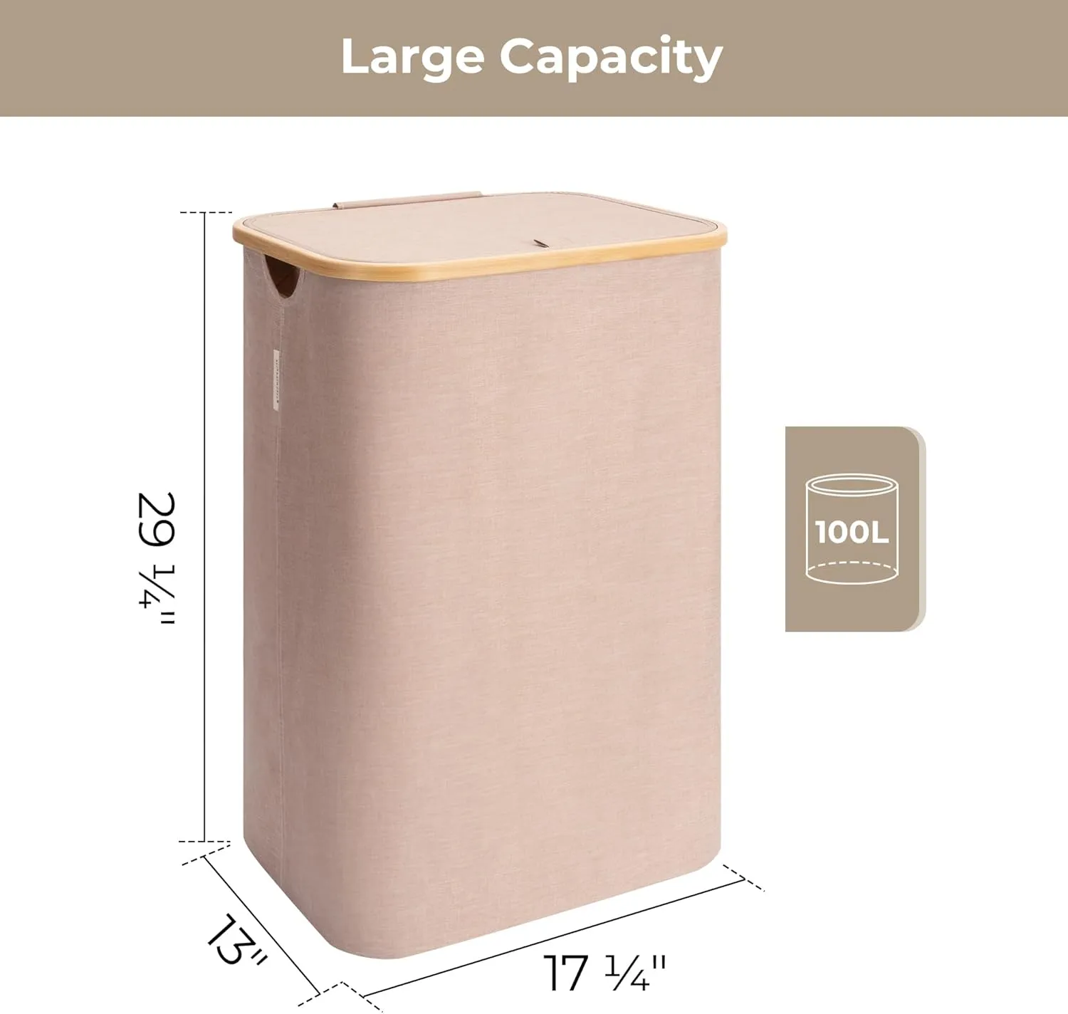 StorageWorks 100L Large Laundry Hamper with Lid, Tall Laundry Basket with Bamboo Handles and Removable Inner Bag, Collapsible Laundry Hamper for Clothing, Towels, Reddish Brown, 1-Pack
