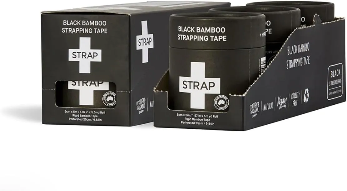 STRAP Black Bamboo Hypoallergenic Body Tape | Sports Tape, Athletic Tape, Kinesiology Tape, Shape Tape | Tape for Sensitive Skin, Non Toxic, Latex Free | 3x16.5ft Rolls