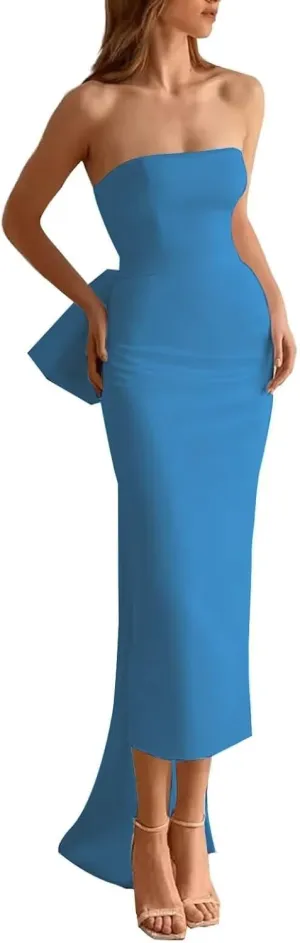 Strapless Mermaid Prom Dress with Detachable Bow Train Satin Cocktail Dresses Slit Formal Evening Gown for Women