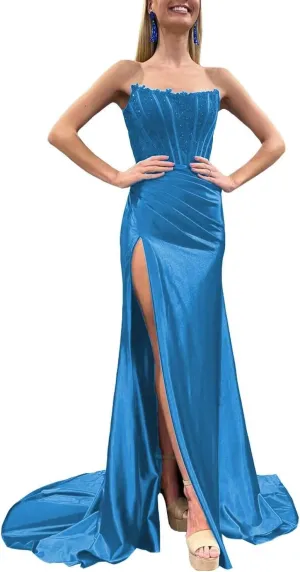Strapless Prom Dresses 2025 Long Lace Applique Satin Mermaid Corset Side Slit Formal Evening Party Gowns for Women