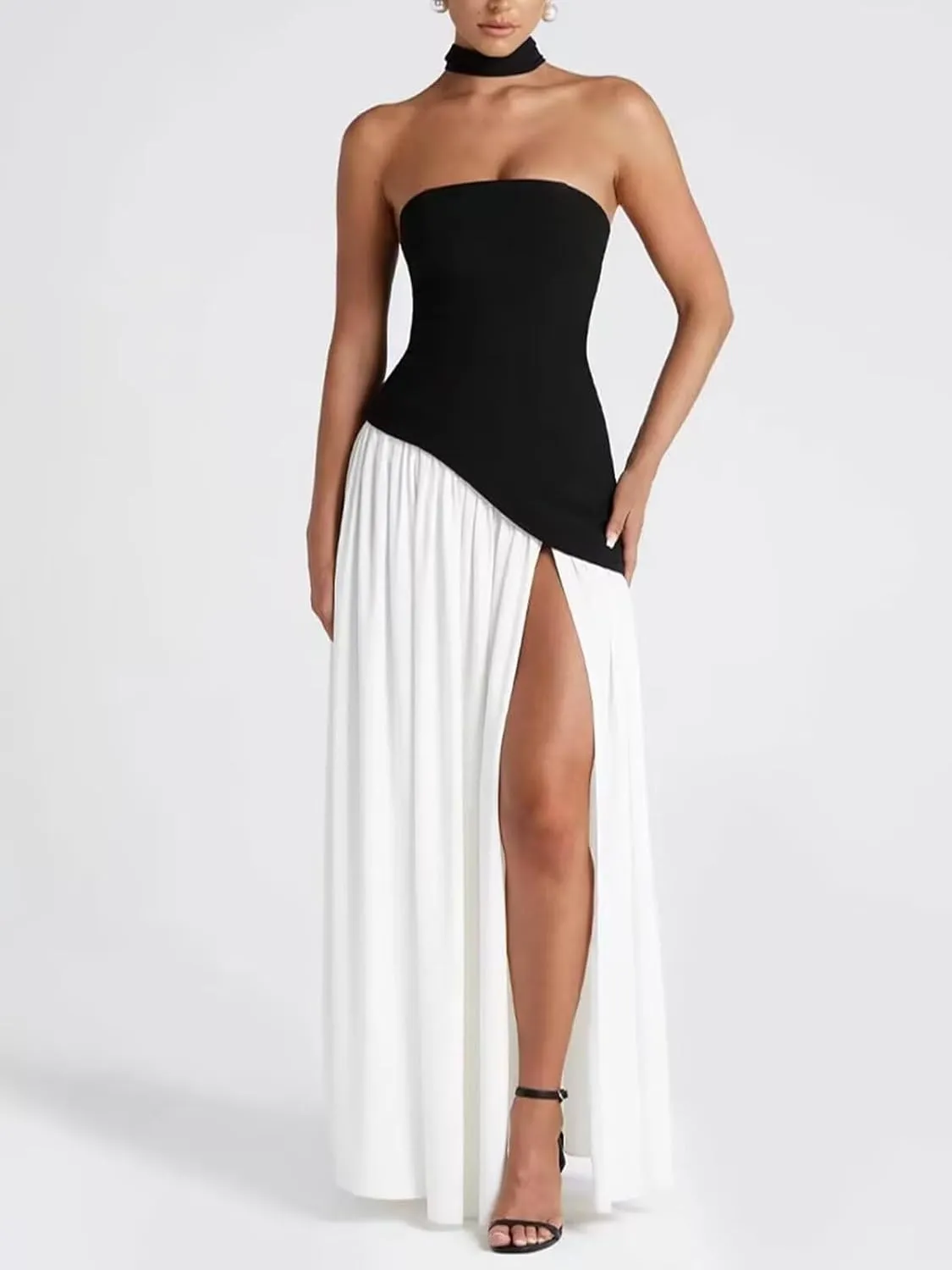 Strapless Satin Bridesmaid Dresses for Women 2025 Halter A Line Prom Dress Split Pleated Formal Party Gowns with Scarf P166