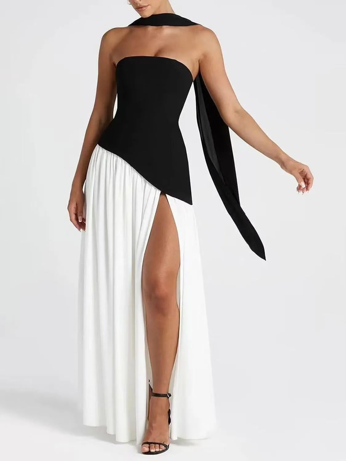 Strapless Satin Bridesmaid Dresses for Women 2025 Halter A Line Prom Dress Split Pleated Formal Party Gowns with Scarf P166