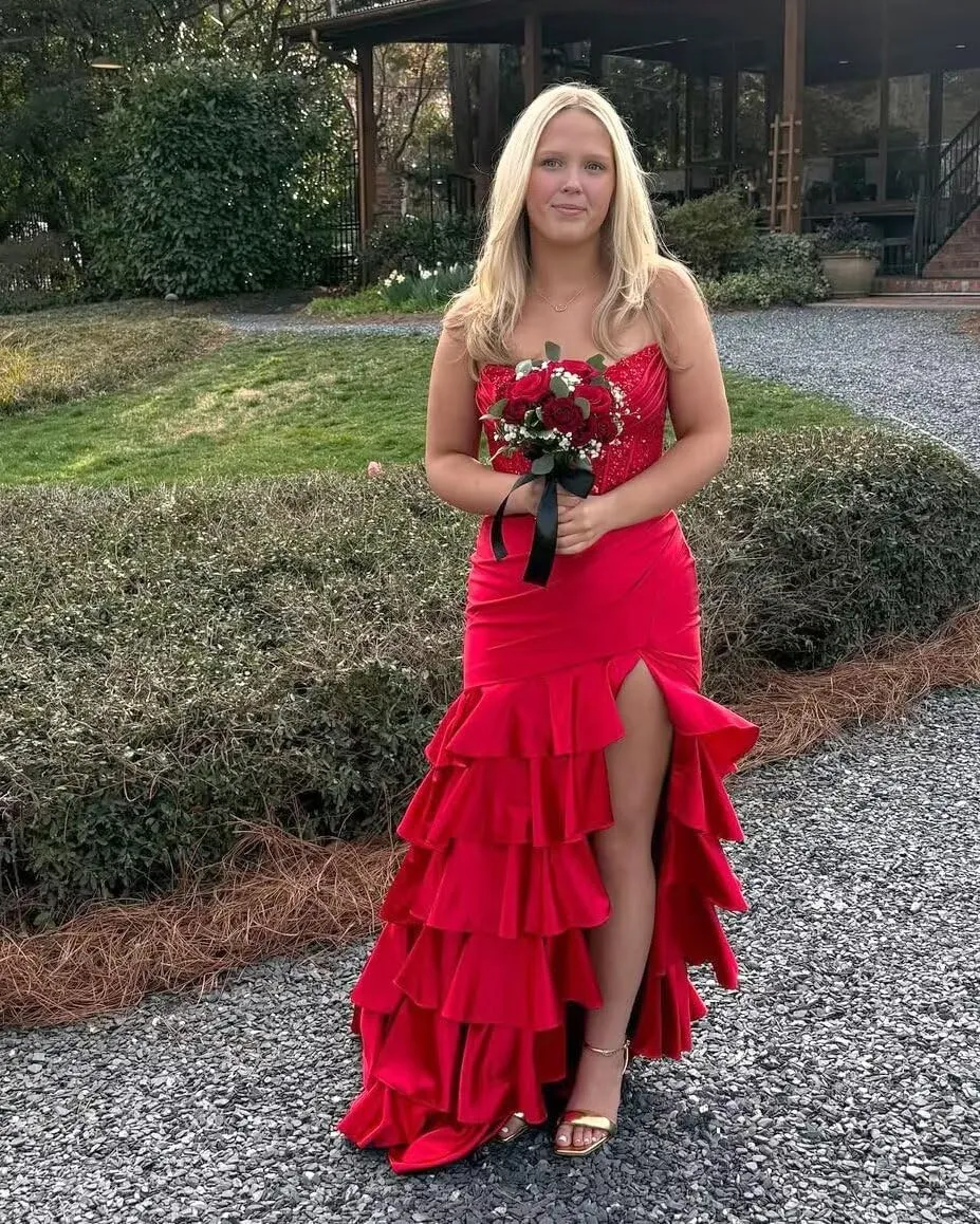 Strapless Tiered Long Prom Dresses Satin Appliques Mermaid Formal Party Dress Evening Gowns with Slit