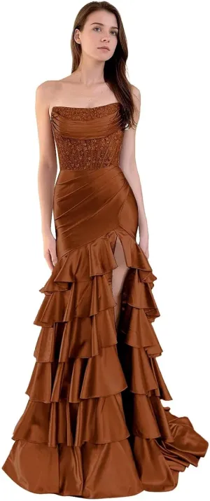 Strapless Tiered Long Prom Dresses Satin Appliques Mermaid Formal Party Dress Evening Gowns with Slit
