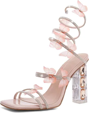 Strappy Heels for Women Rhinestone Crystal High Block Heeled Sandals Square Open Toe Sparkly Dress Prom Heels Shoes for Party Wedding