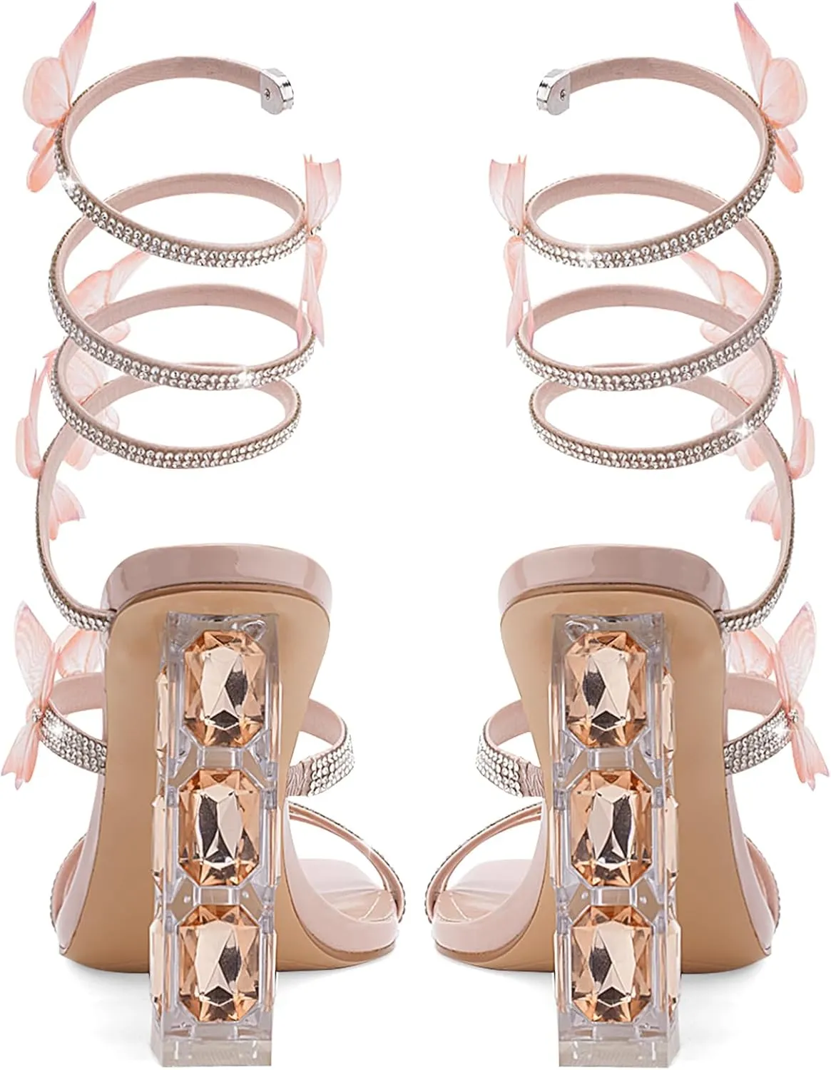 Strappy Heels for Women Rhinestone Crystal High Block Heeled Sandals Square Open Toe Sparkly Dress Prom Heels Shoes for Party Wedding