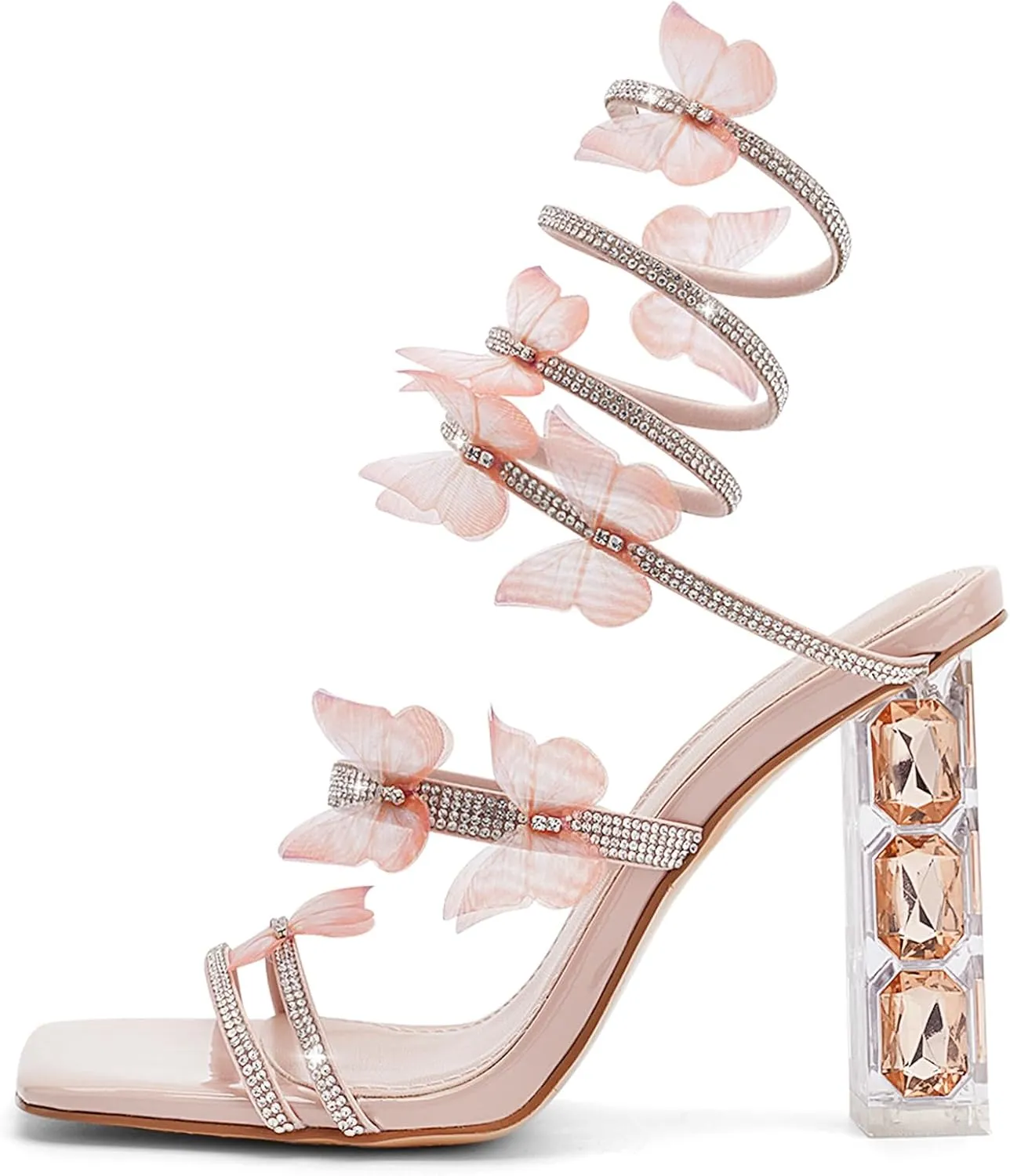 Strappy Heels for Women Rhinestone Crystal High Block Heeled Sandals Square Open Toe Sparkly Dress Prom Heels Shoes for Party Wedding