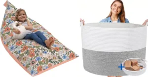 Stuffed Animal Storage Bundle - Stuffed Animal Bean Bag   XXXL Woven Basket for Blankets, Toys Grey and White Storage Bundle- Designer Storage for Modern Kids Room