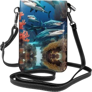 Submarine shark coral Pattern Leather Crossbody Flap Phone Bag - Versatile Gift for Women Walking, Camping, Shopping, and Travel