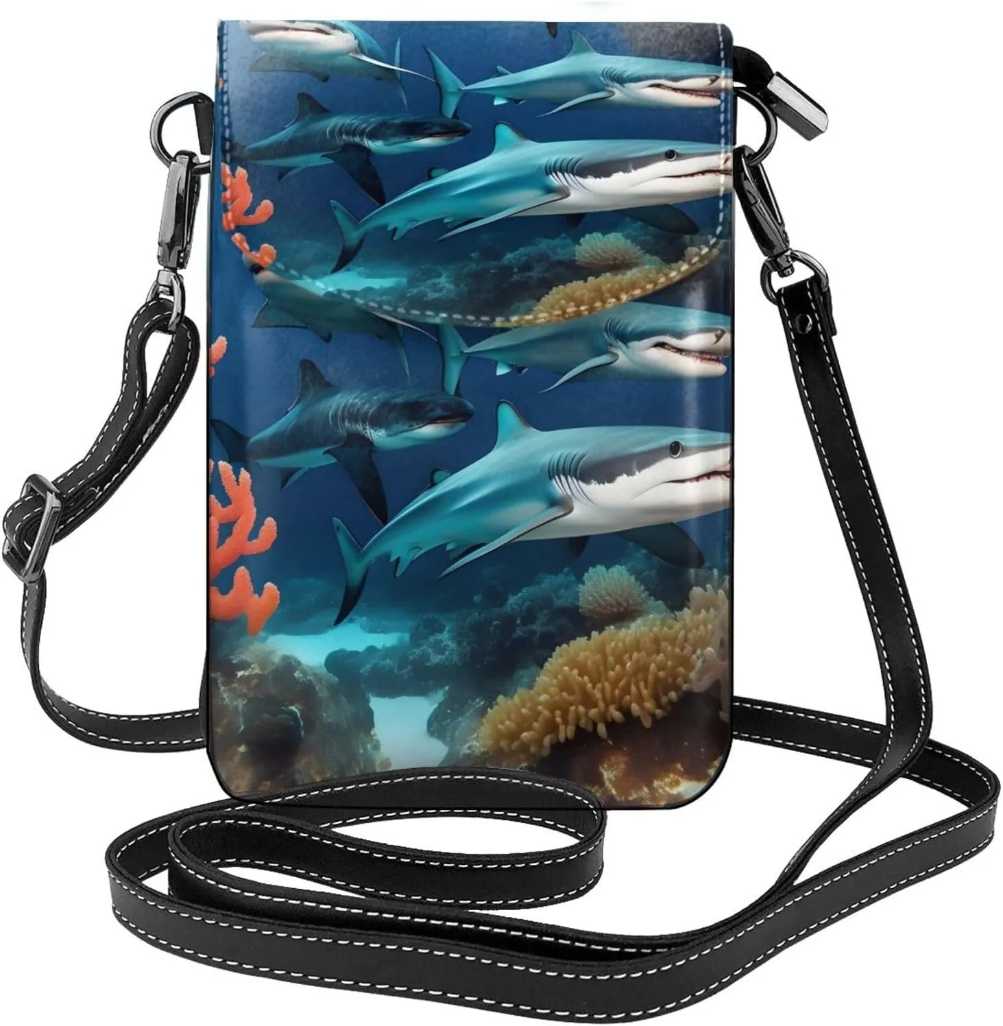 Submarine Shark Coral Zippered Crossbody Bag, Women'S Shoulder Bag With Card Slot, Removable Shoulder Strap, 7.6 X 4.9 In.