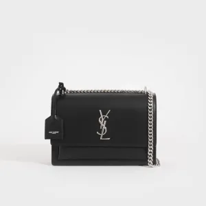 Sunset Medium Leather Shoulder Bag in Black with Silver Hardware