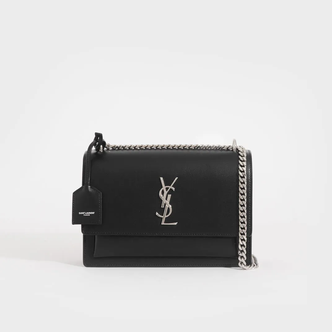 Sunset Medium Leather Shoulder Bag in Black with Silver Hardware
