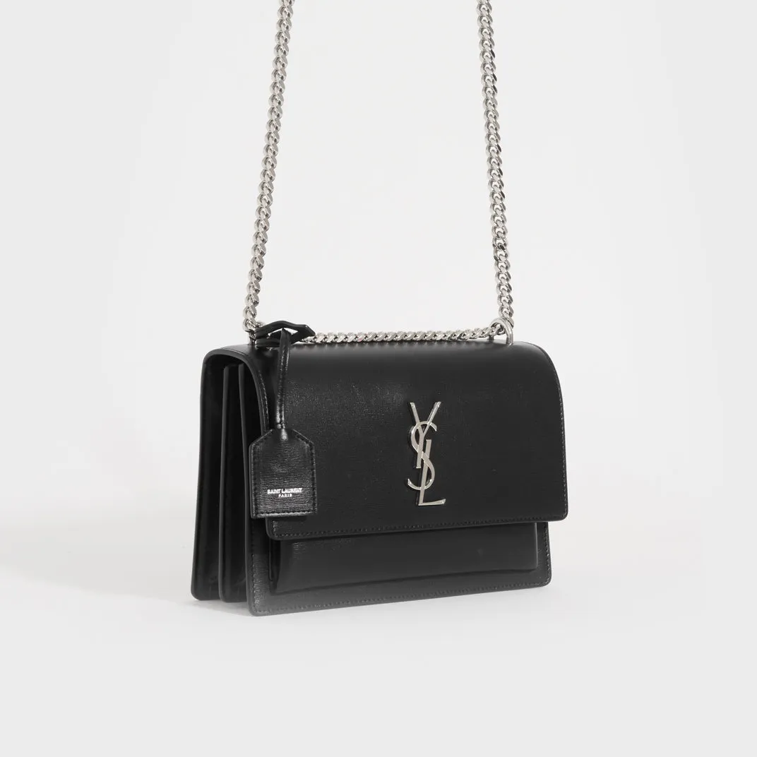 Sunset Medium Leather Shoulder Bag in Black with Silver Hardware