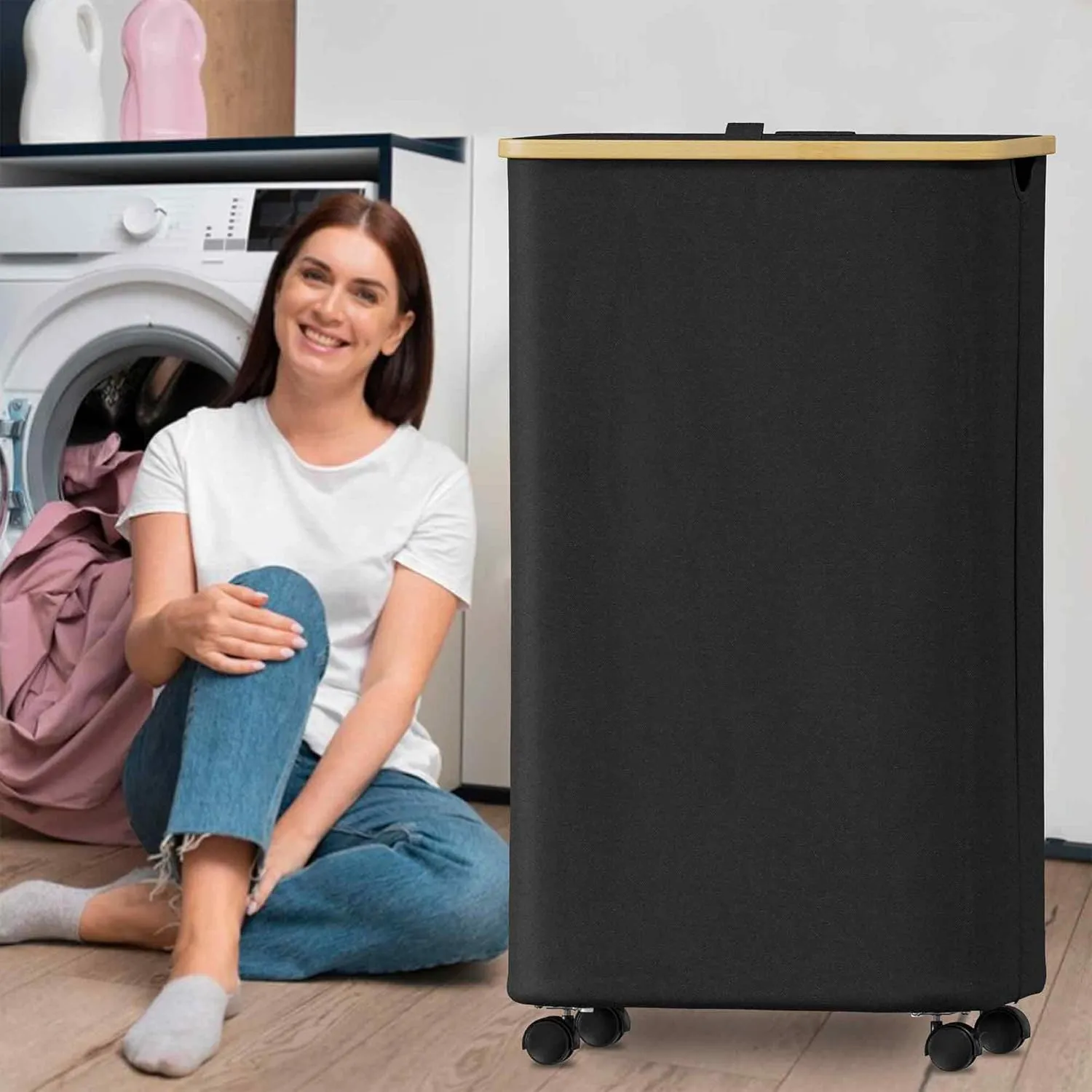 SUOCO Laundry Hamper on Wheels 100L, Clothes Basket with Lid and Bamboo Handles, Foldable Laundry Hamper for Bedroom, Bathroom, Dorm, Laundry Room - Black