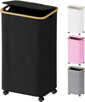 SUOCO Laundry Hamper on Wheels 100L, Clothes Basket with Lid and Bamboo Handles, Foldable Laundry Hamper for Bedroom, Bathroom, Dorm, Laundry Room - Black