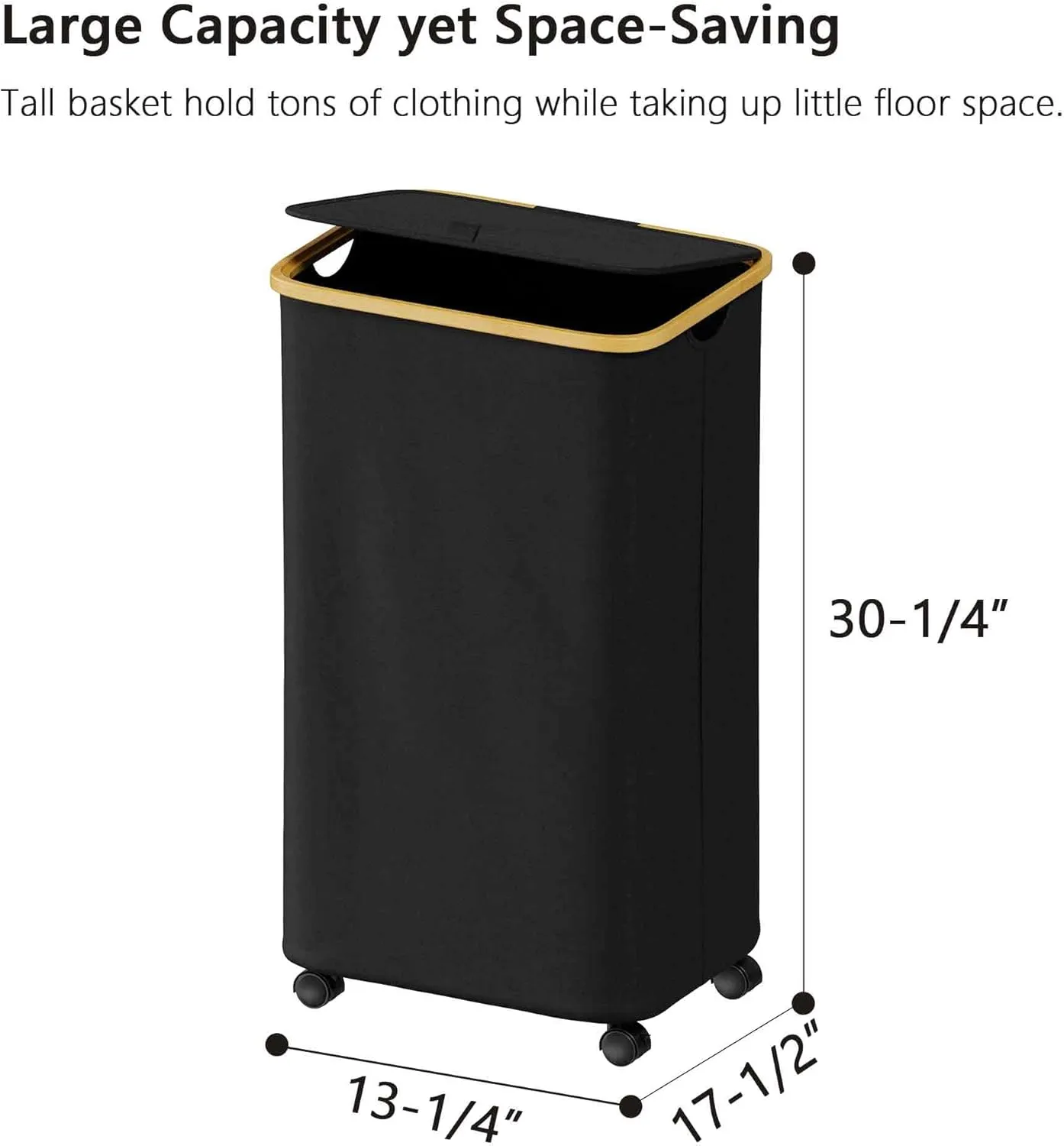 SUOCO Laundry Hamper on Wheels 100L, Clothes Basket with Lid and Bamboo Handles, Foldable Laundry Hamper for Bedroom, Bathroom, Dorm, Laundry Room - Black