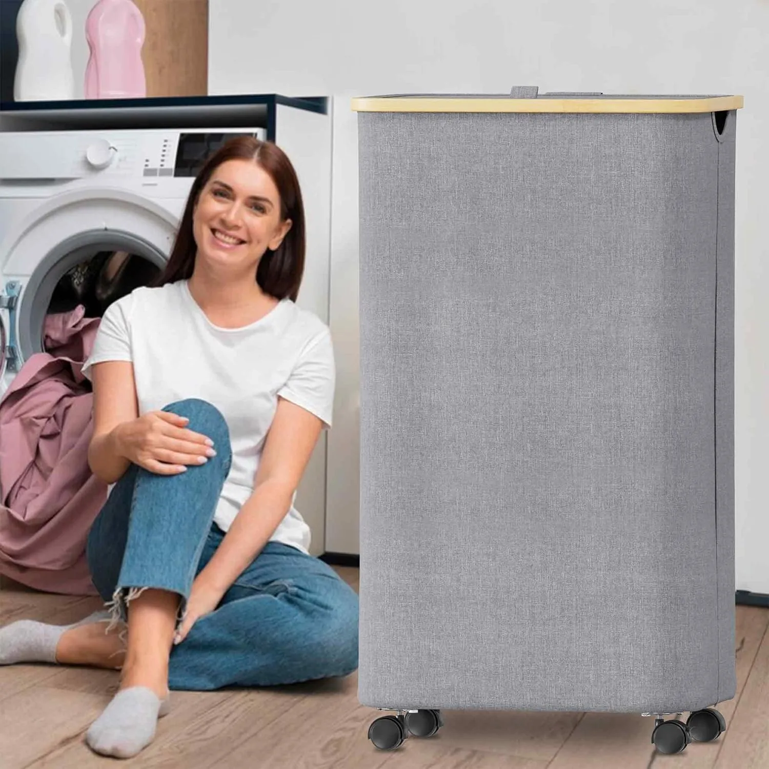 SUOCO Laundry Hamper on Wheels 100L, Clothes Basket with Lid and Bamboo Handles, Foldable Laundry Hamper for Bedroom, Bathroom, Dorm, Laundry Room - Grey