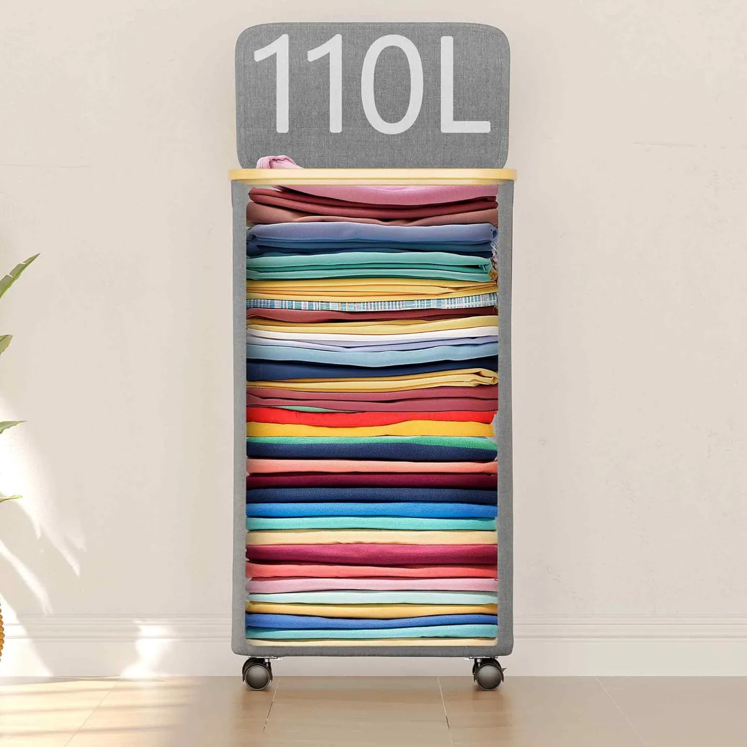 SUOCO Laundry Hamper on Wheels 100L, Clothes Basket with Lid and Bamboo Handles, Foldable Laundry Hamper for Bedroom, Bathroom, Dorm, Laundry Room - Grey