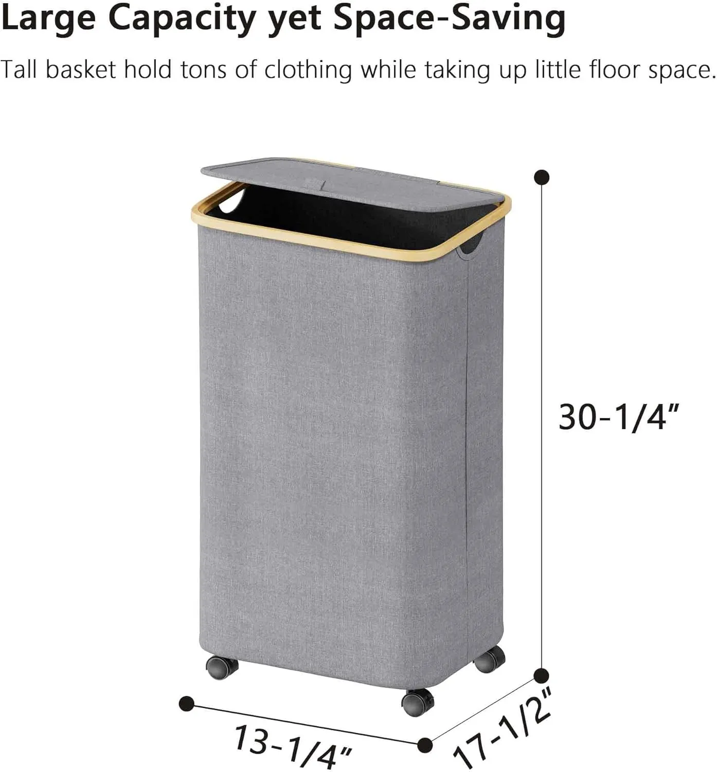 SUOCO Laundry Hamper on Wheels 100L, Clothes Basket with Lid and Bamboo Handles, Foldable Laundry Hamper for Bedroom, Bathroom, Dorm, Laundry Room - Grey