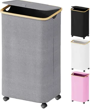 SUOCO Laundry Hamper on Wheels 100L, Clothes Basket with Lid and Bamboo Handles, Foldable Laundry Hamper for Bedroom, Bathroom, Dorm, Laundry Room - Grey