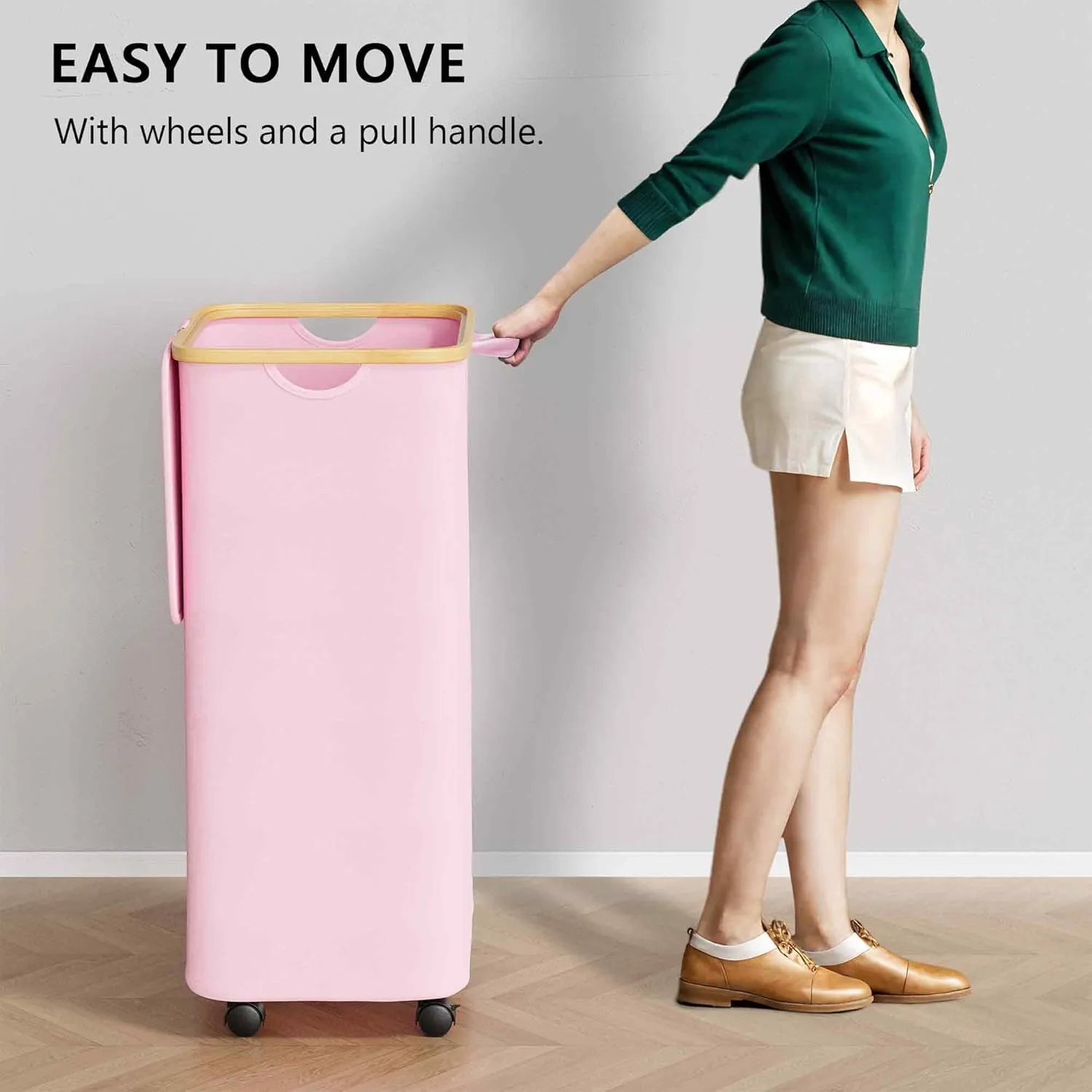 SUOCO Laundry Hamper on Wheels 100L, Clothes Basket with Lid and Bamboo Handles, Foldable Laundry Hamper for Bedroom, Bathroom, Dorm, Laundry Room - Pink