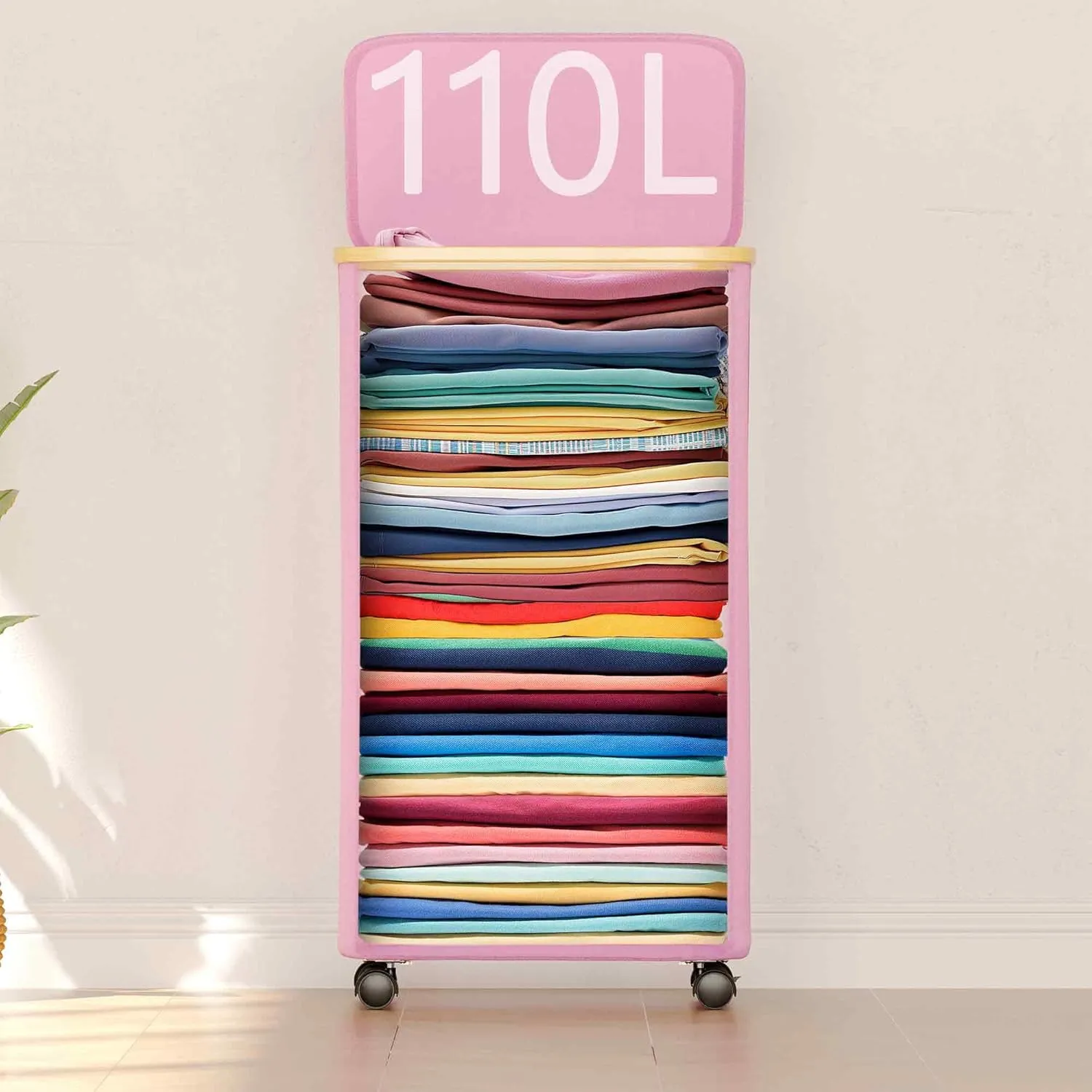 SUOCO Laundry Hamper on Wheels 100L, Clothes Basket with Lid and Bamboo Handles, Foldable Laundry Hamper for Bedroom, Bathroom, Dorm, Laundry Room - Pink