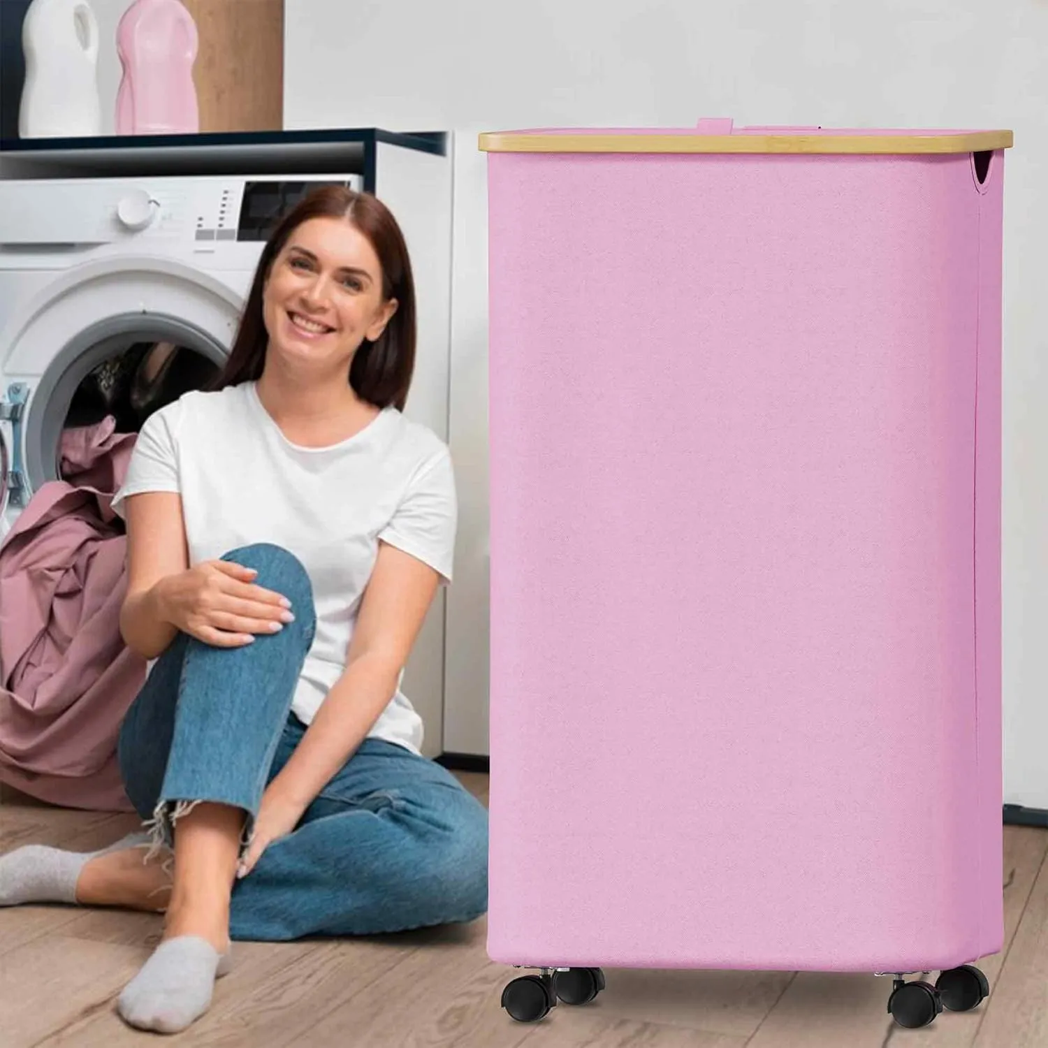 SUOCO Laundry Hamper on Wheels 100L, Clothes Basket with Lid and Bamboo Handles, Foldable Laundry Hamper for Bedroom, Bathroom, Dorm, Laundry Room - Pink