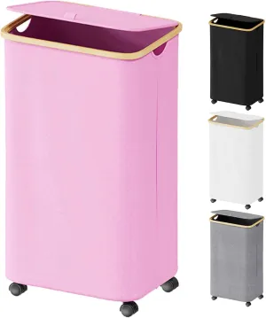 SUOCO Laundry Hamper on Wheels 100L, Clothes Basket with Lid and Bamboo Handles, Foldable Laundry Hamper for Bedroom, Bathroom, Dorm, Laundry Room - Pink
