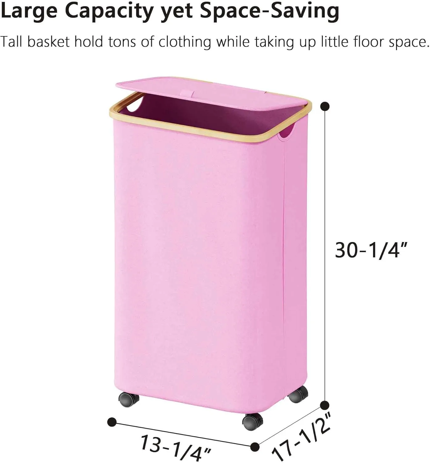 SUOCO Laundry Hamper on Wheels 100L, Clothes Basket with Lid and Bamboo Handles, Foldable Laundry Hamper for Bedroom, Bathroom, Dorm, Laundry Room - Pink