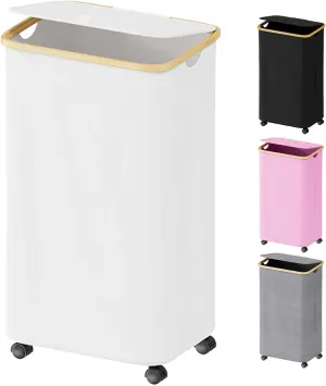 SUOCO Laundry Hamper on Wheels 100L, Clothes Basket with Lid and Bamboo Handles, Foldable Laundry Hamper for Bedroom, Bathroom, Dorm, Laundry Room - White