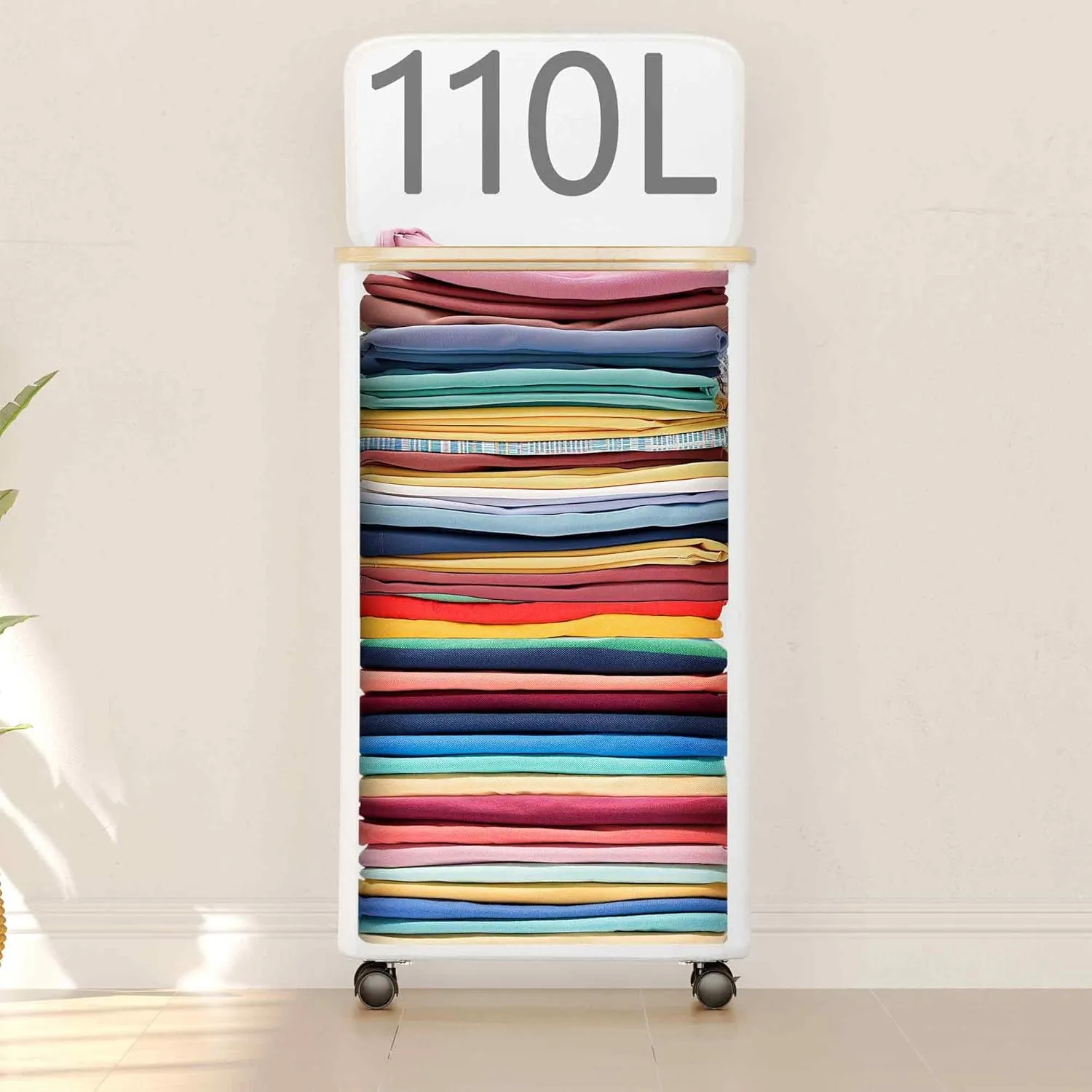 SUOCO Laundry Hamper on Wheels 100L, Clothes Basket with Lid and Bamboo Handles, Foldable Laundry Hamper for Bedroom, Bathroom, Dorm, Laundry Room - White