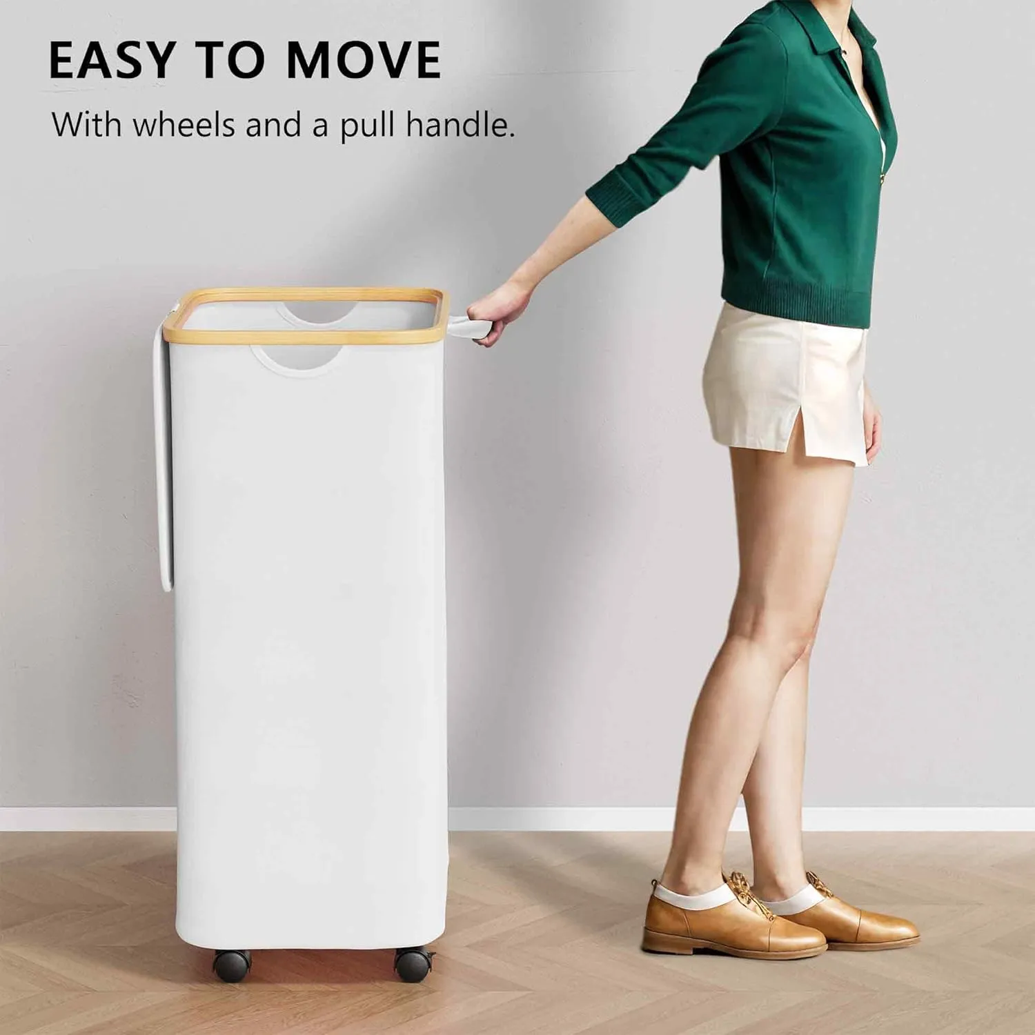 SUOCO Laundry Hamper on Wheels 100L, Clothes Basket with Lid and Bamboo Handles, Foldable Laundry Hamper for Bedroom, Bathroom, Dorm, Laundry Room - White