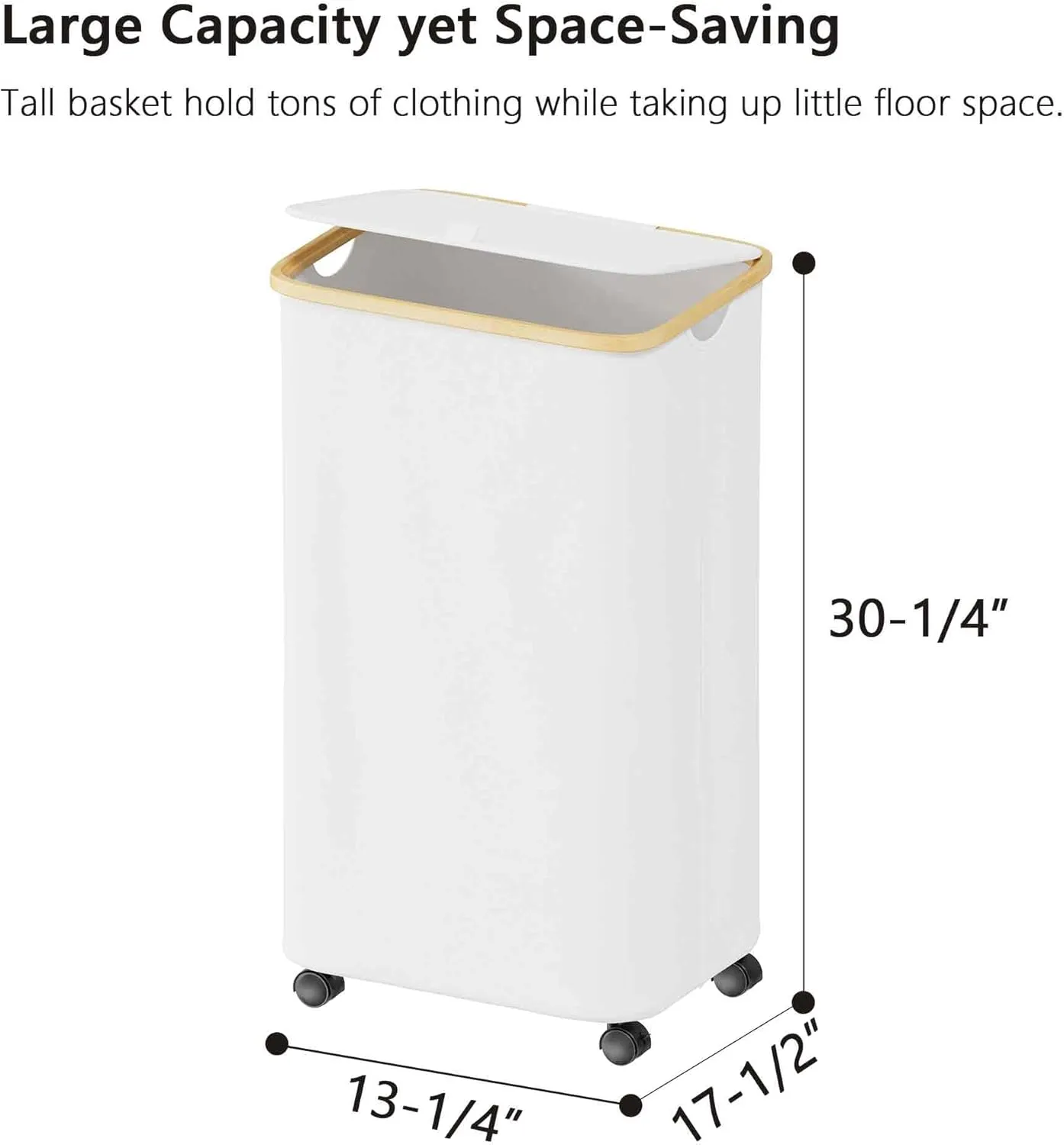 SUOCO Laundry Hamper on Wheels 100L, Clothes Basket with Lid and Bamboo Handles, Foldable Laundry Hamper for Bedroom, Bathroom, Dorm, Laundry Room - White
