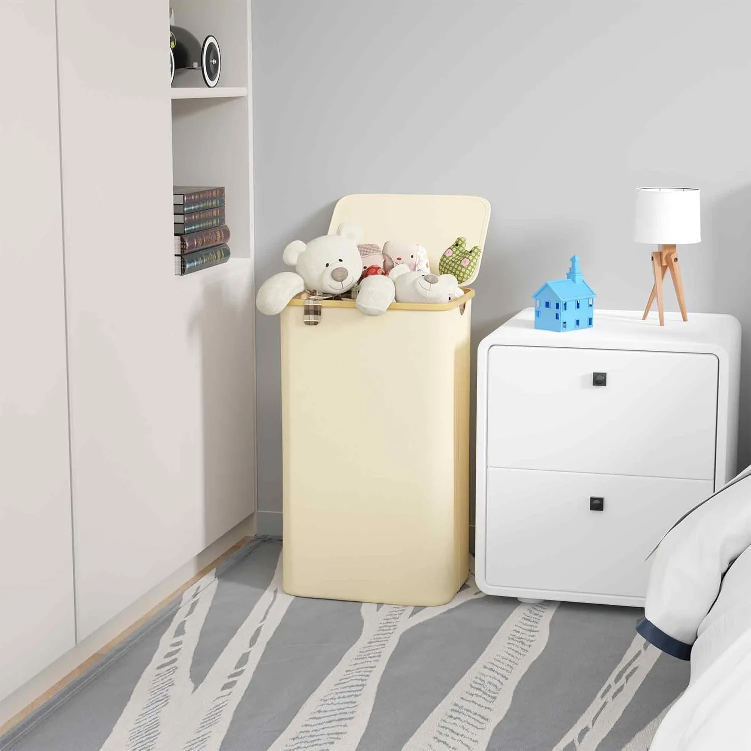 SUOCO Laundry Hamper with Lid, 29 Gal (110L) Clothes Basket with Bamboo Handles, Large Foldable Laundry Hamper for Bedroom, Bathroom, Dorm, Laundry Room - Beige