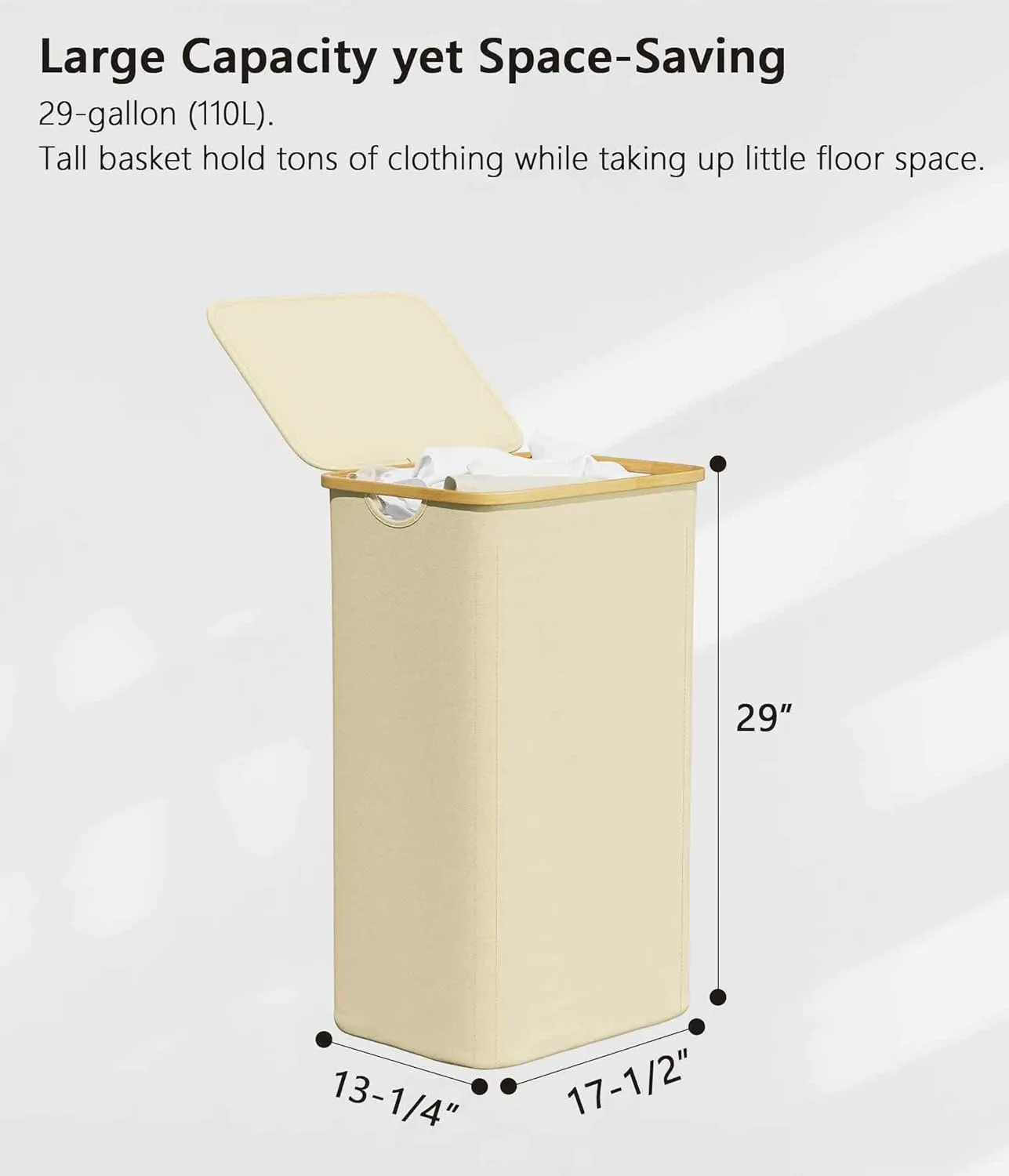 SUOCO Laundry Hamper with Lid, 29 Gal (110L) Clothes Basket with Bamboo Handles, Large Foldable Laundry Hamper for Bedroom, Bathroom, Dorm, Laundry Room - Beige