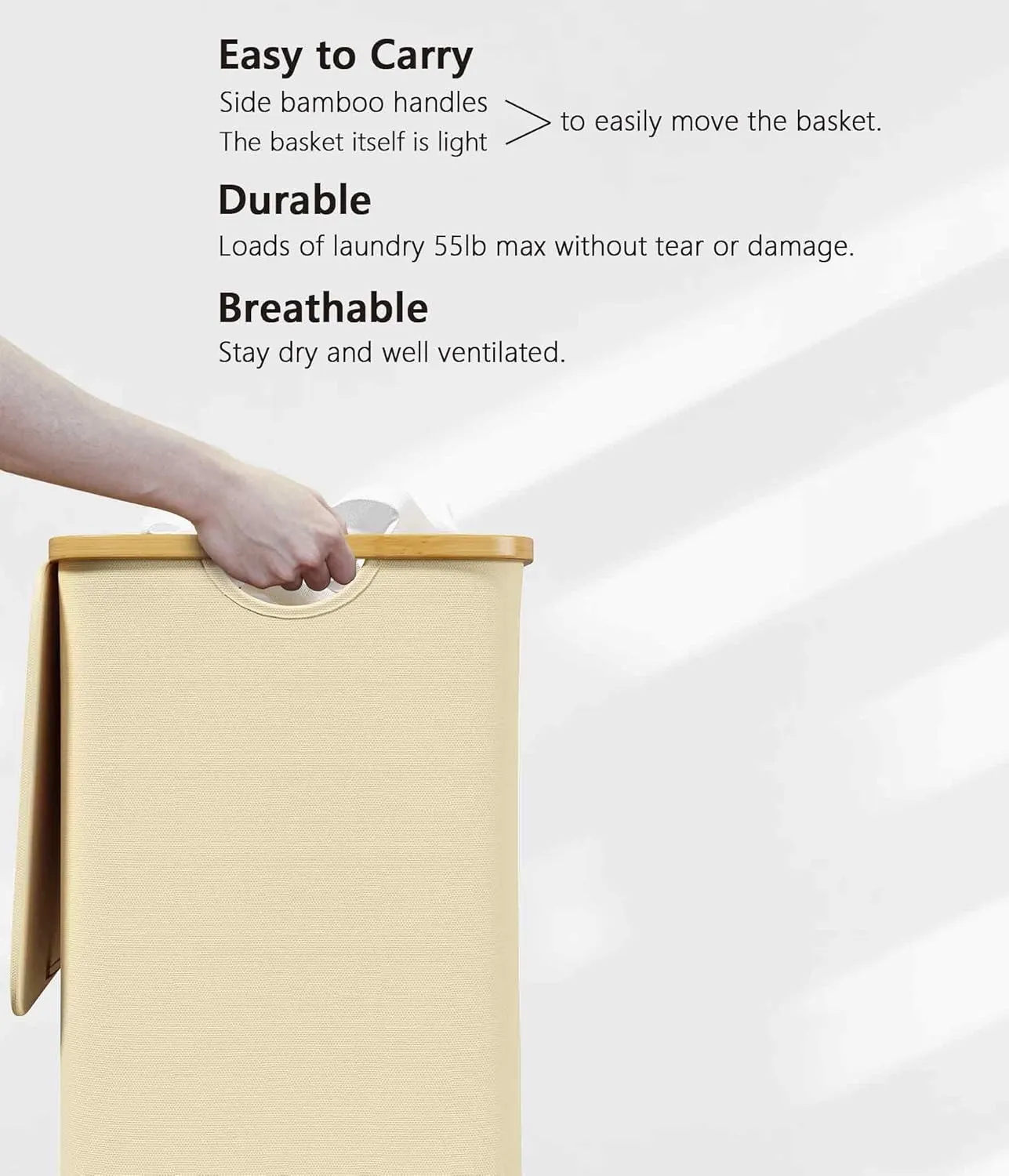 SUOCO Laundry Hamper with Lid, 29 Gal (110L) Clothes Basket with Bamboo Handles, Large Foldable Laundry Hamper for Bedroom, Bathroom, Dorm, Laundry Room - Beige