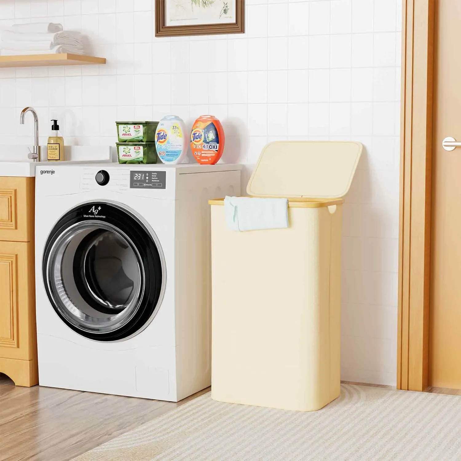 SUOCO Laundry Hamper with Lid, 29 Gal (110L) Clothes Basket with Bamboo Handles, Large Foldable Laundry Hamper for Bedroom, Bathroom, Dorm, Laundry Room - Beige